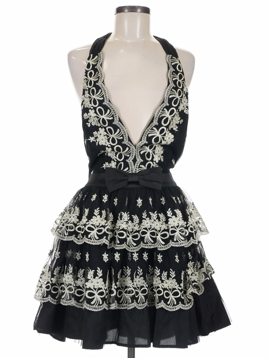 Mable Dresses & Skirts - MABLE Black Ivory Embroidered Lace Halter Tiered Ruffle Mini Dress Backless Med.